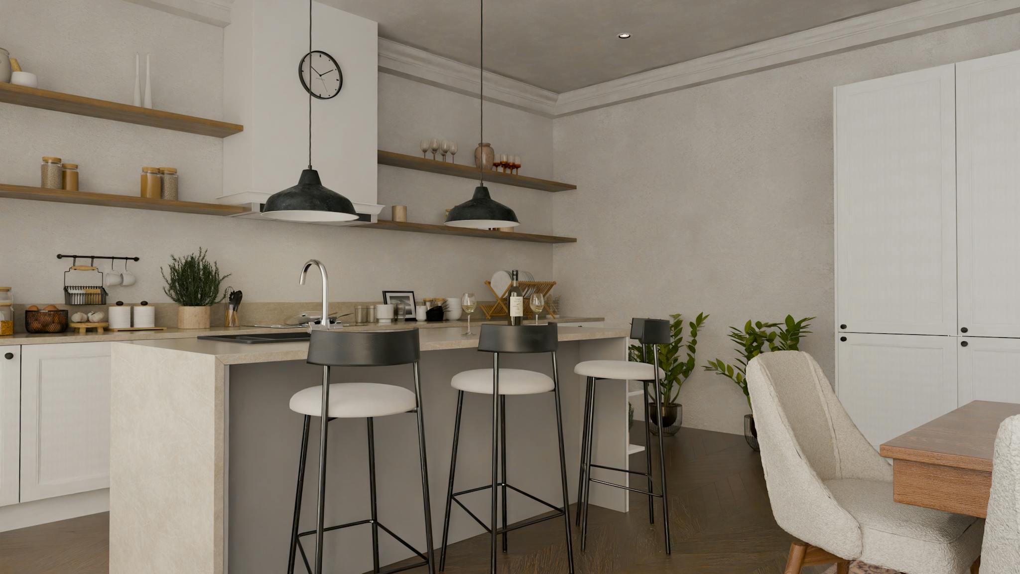 Stylish modern kitchen featuring minimalist decor with sleek furniture and neutral tones.